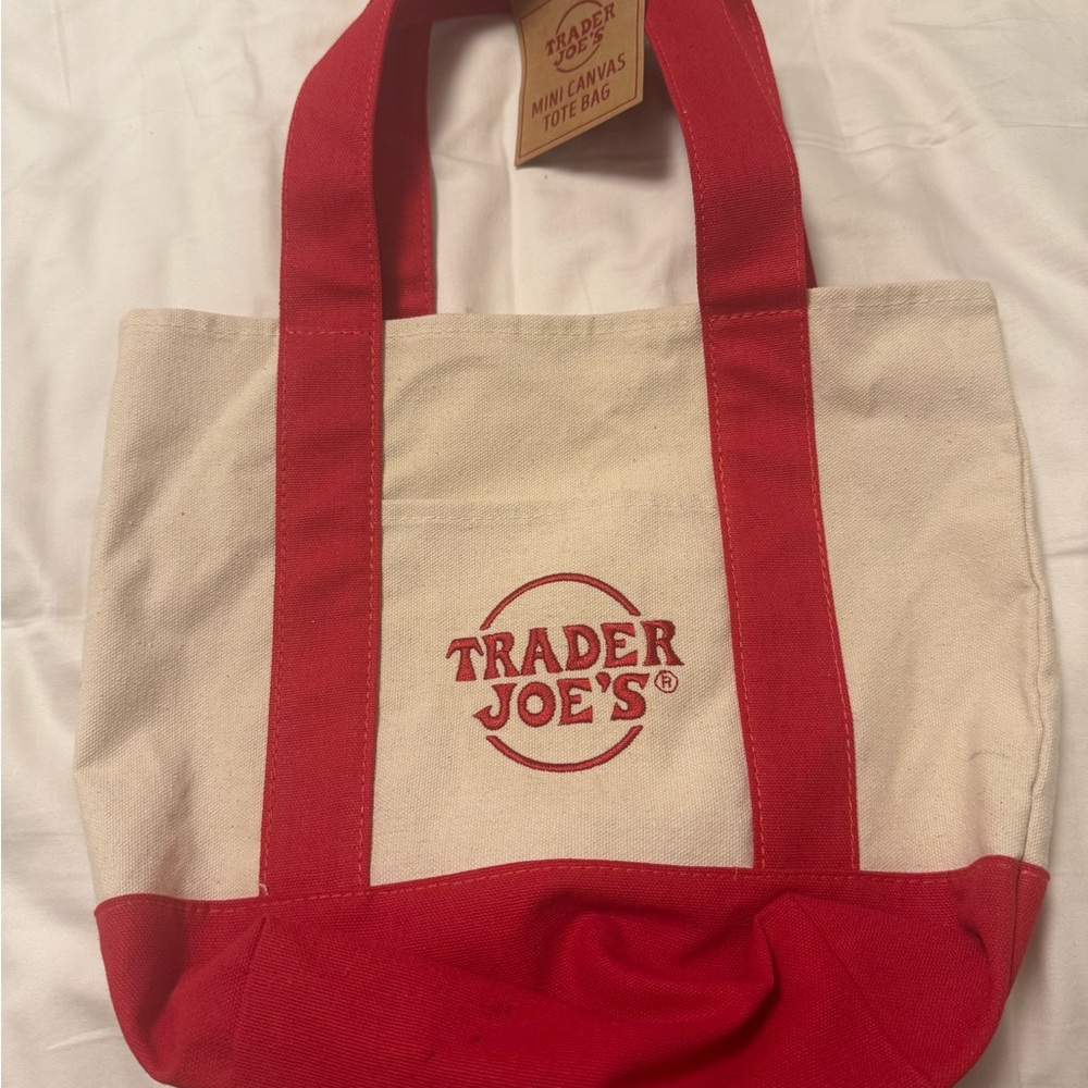Trader Joe's Red and Cream Canvas MINI Tote Bag NWT